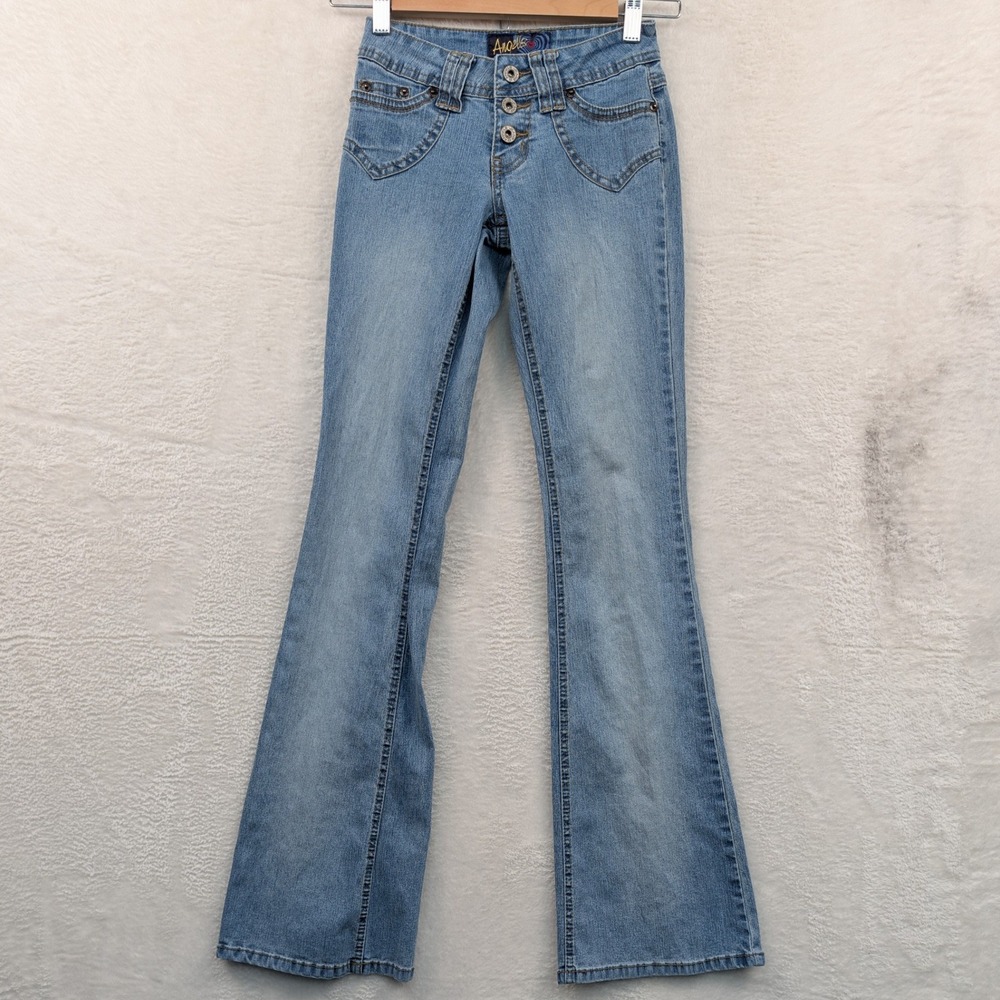 VTG Angels Jeans Women's 25x33 Blue Light Flare Low Rise McBling Streetwear Y2K